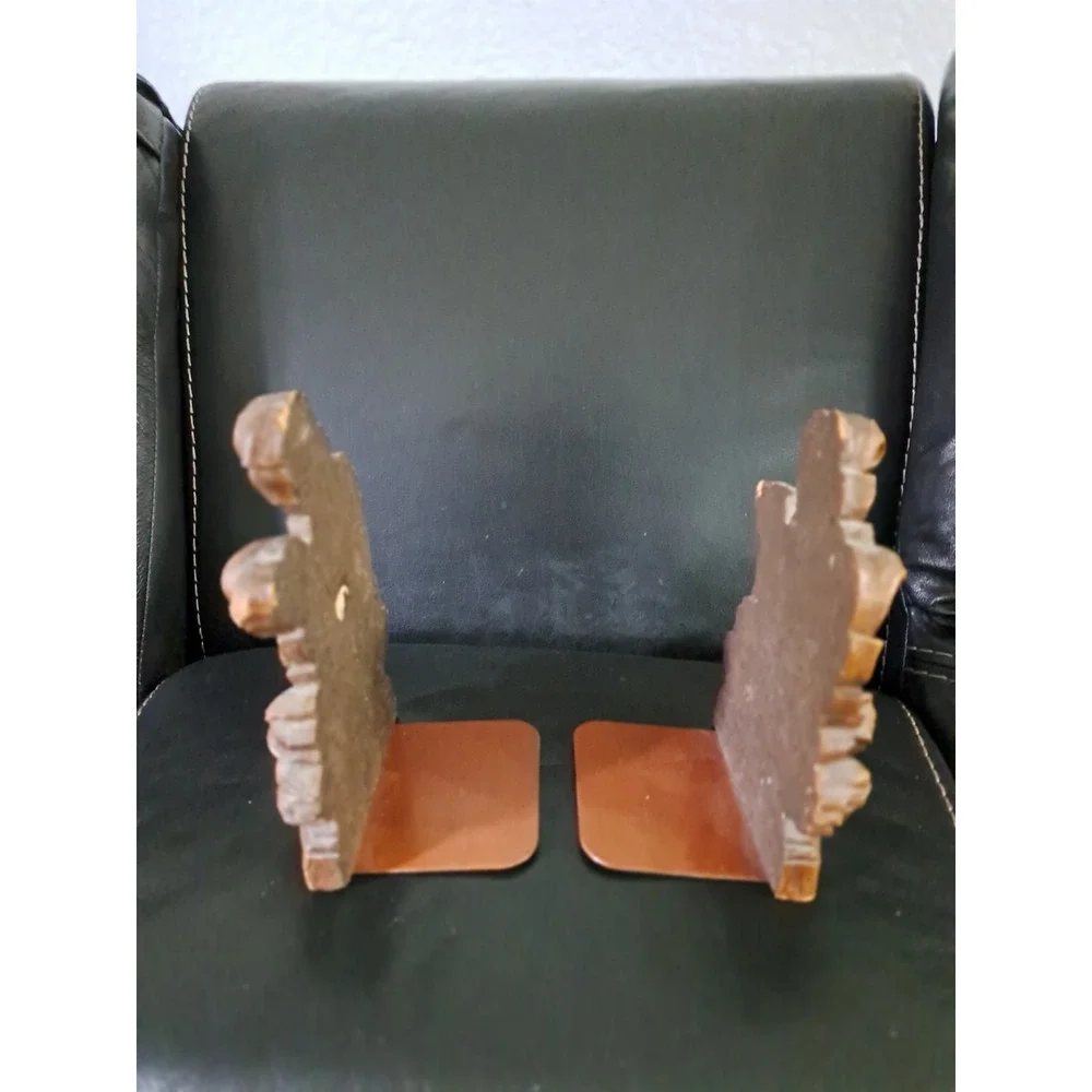 2 Vtg 1940s Syroco Faux Wood Bookends Feathers Leafy Leaves Floral EUC Book Ends